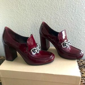 Burgundy Patent Chain-Accent Women's Block Heel Loafers